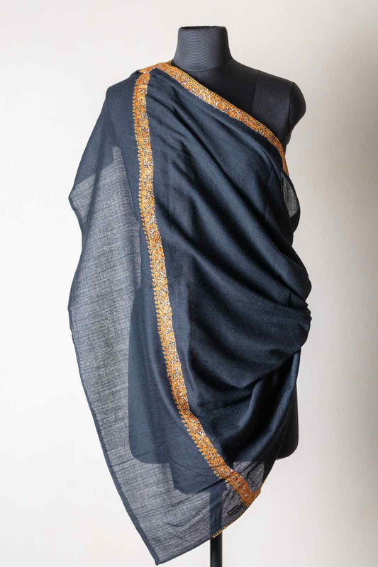 Zuhoor 100% Pure Pashmina Black Yellow Sozni Shawl