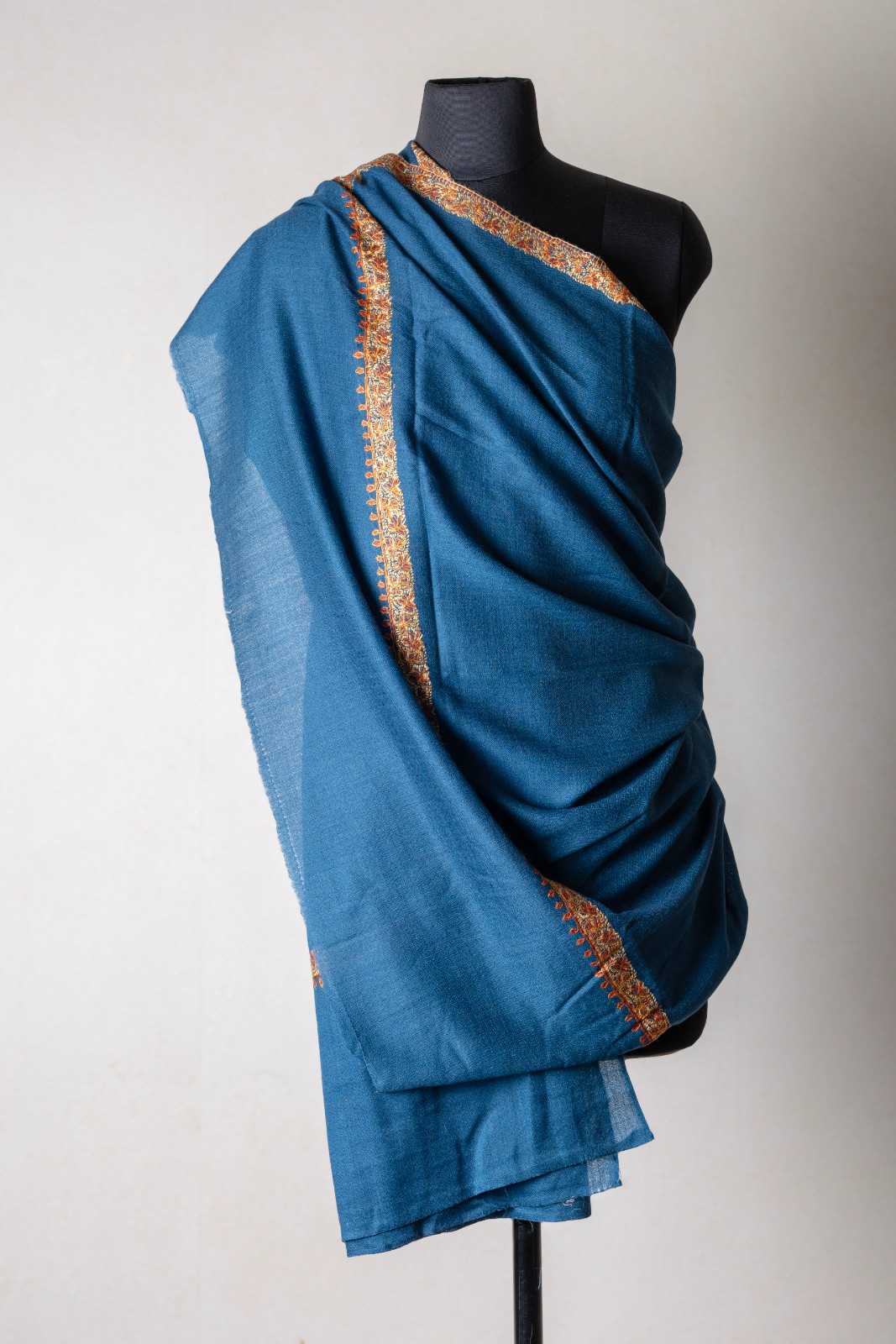 Zuhoor 100% Pure Pashmina Navy Blue Sozni Shawl