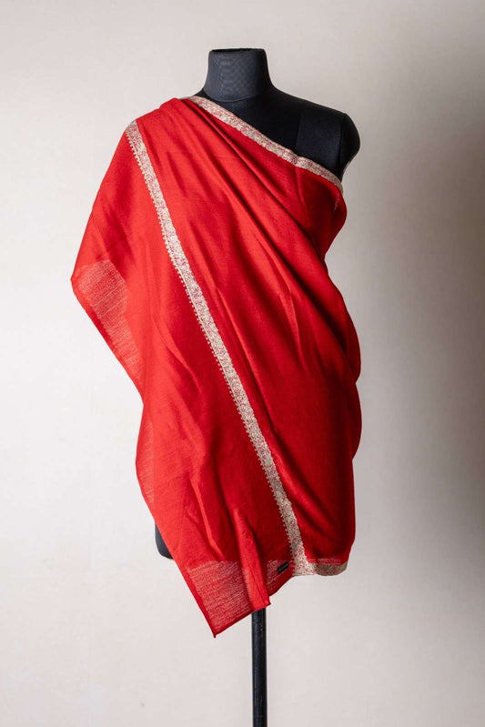 Zuhoor 100% Pure Pashmina Red Sozni Shawl