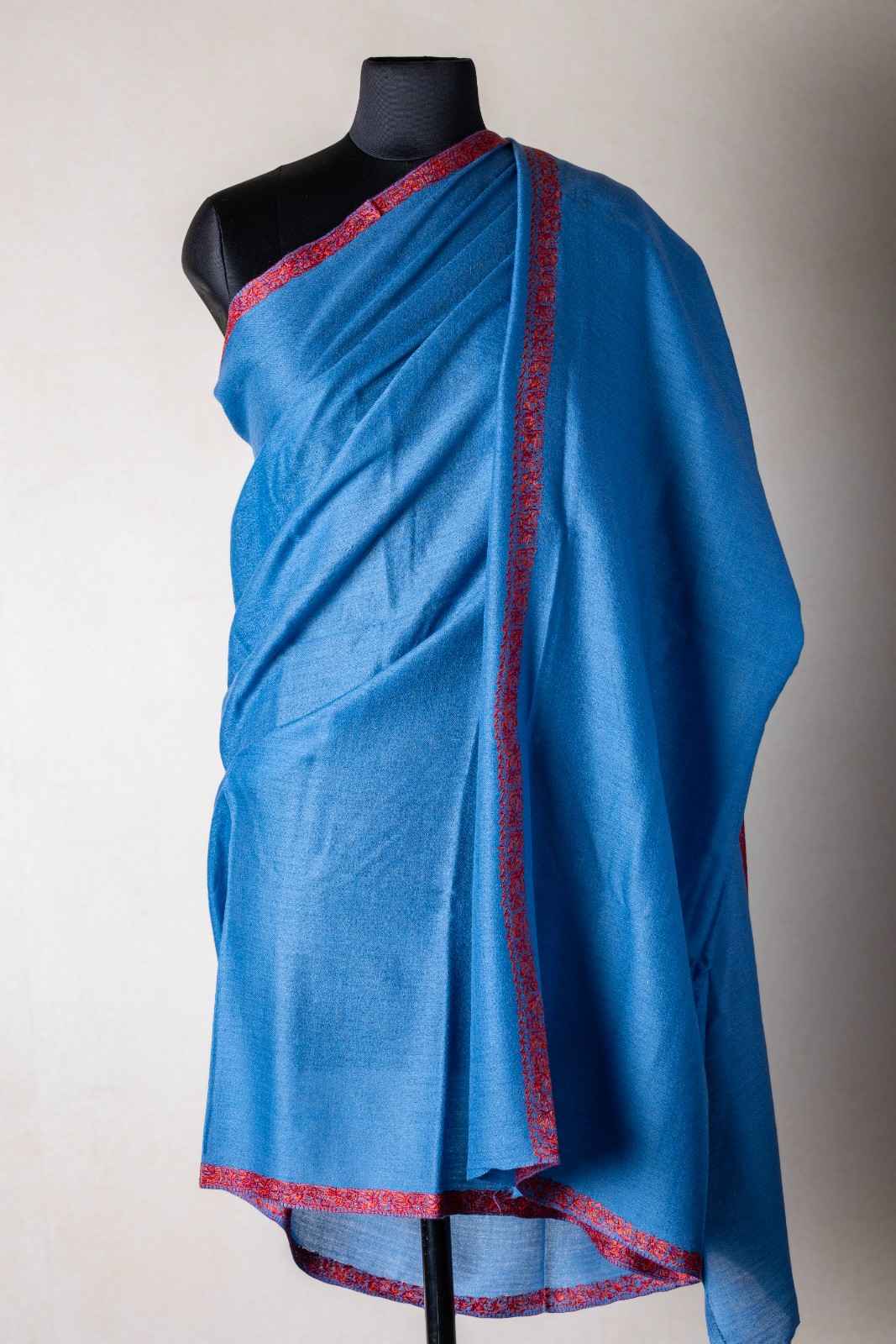 Zuhoor 100% Pure Pashmina Sky Blue Red Sozni Shawl