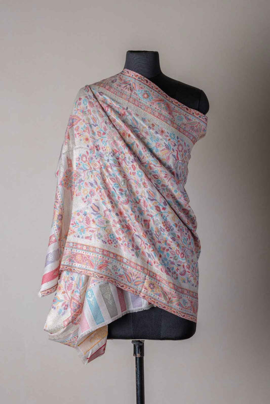 Zuhoor Classic Zari Kashmiri Stole (White/Black/Pink)