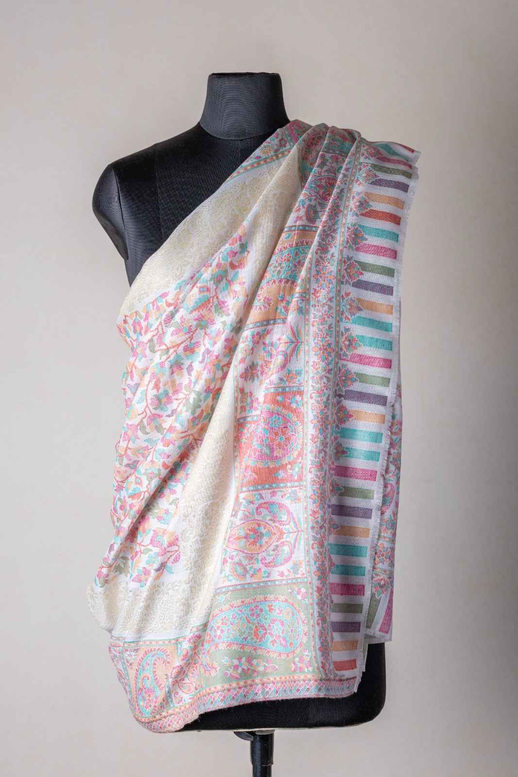 Zuhoor Pearl White Kani Zari Kashmiri Shawl