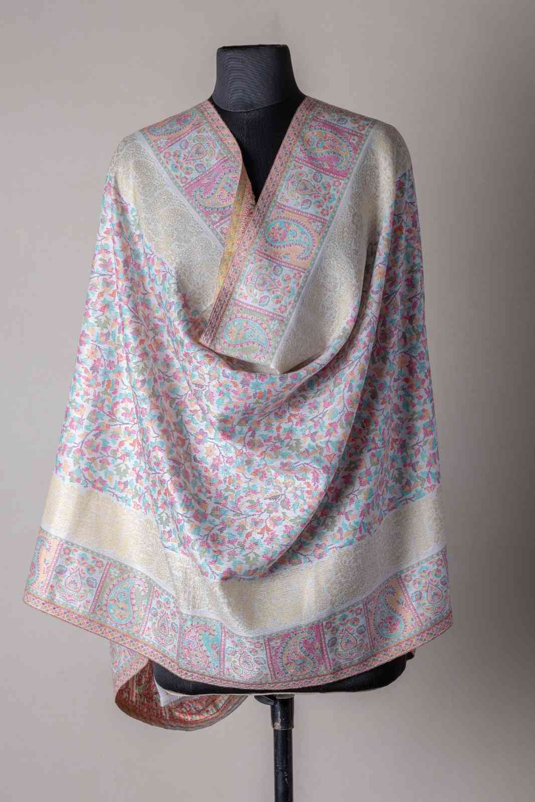 Zuhoor Zari Pastel Kani Kashmiri Shawl (Lemon Yellow)