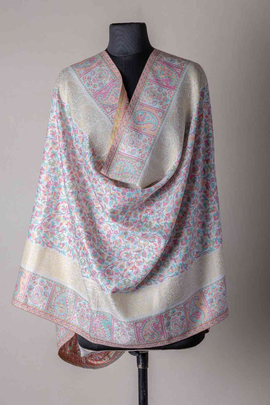 Zuhoor Zari Pastel Kani Kashmiri Shawl (Lemon Yellow)