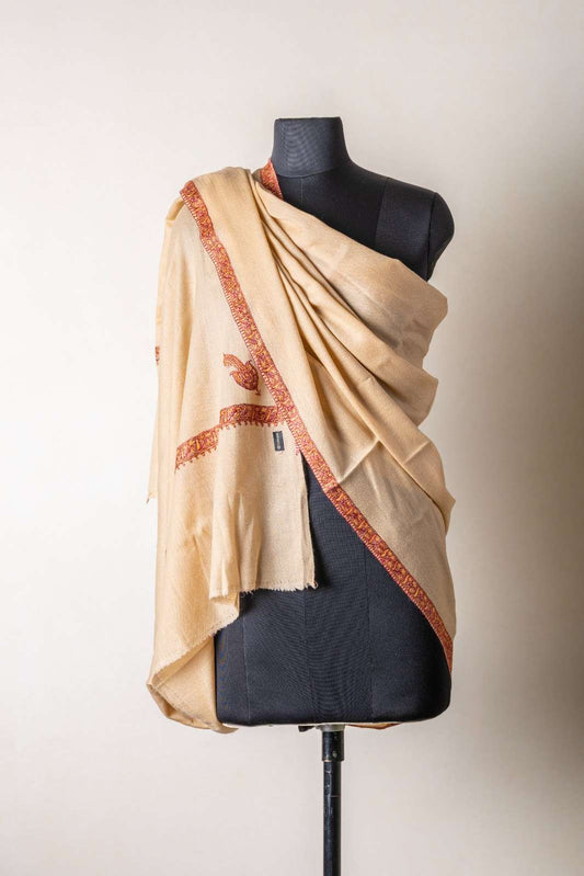 Zuhoor 100% Pure Pashmina Beige Rust Mustard Sozni Shawl