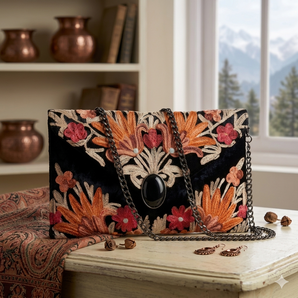 Kashmiri Aari Embroidered Black Velvet Clutch Bag