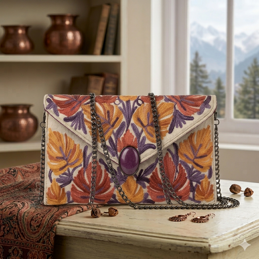 Kashmiri Aari Embroidered White Clutch Bag